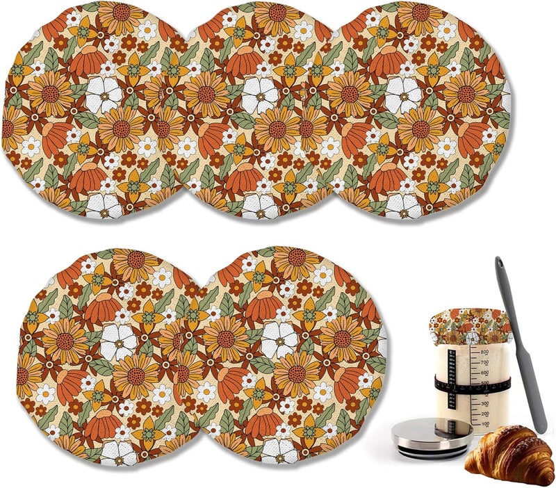 IGPPDO 70s Retro Floral Sourdough Starter Jar Cloth Covers，5 Pack Kit Stretchy Cloth Bowl Lids Fits Jar Mouth Ranging 3"- 4" Inches - Image 1
